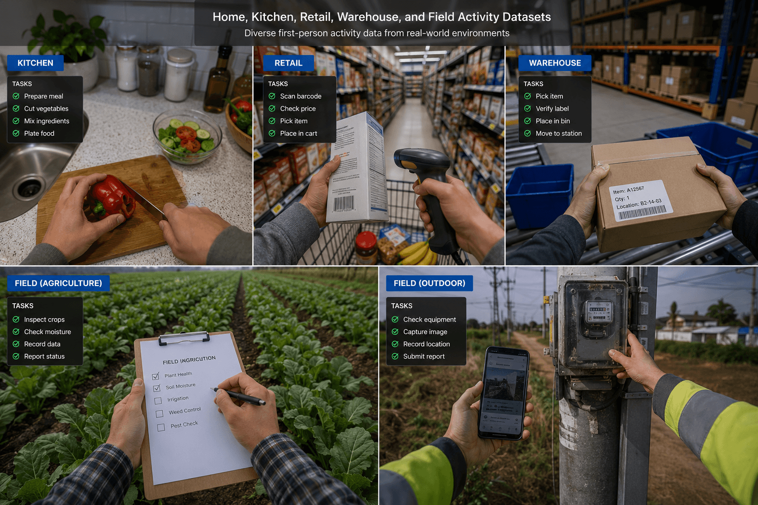 Home, kitchen, retail, warehouse, and field activity datasets